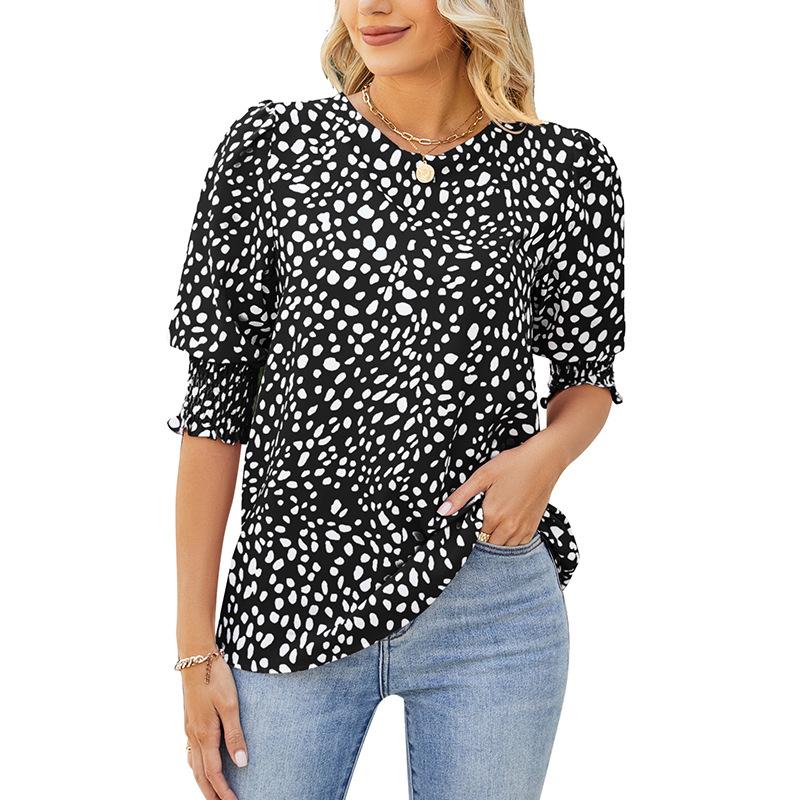 Ladies Summer Elastic Short Sleeve O Neck Dots Breathable Pullover Chiffon T Shirt Top