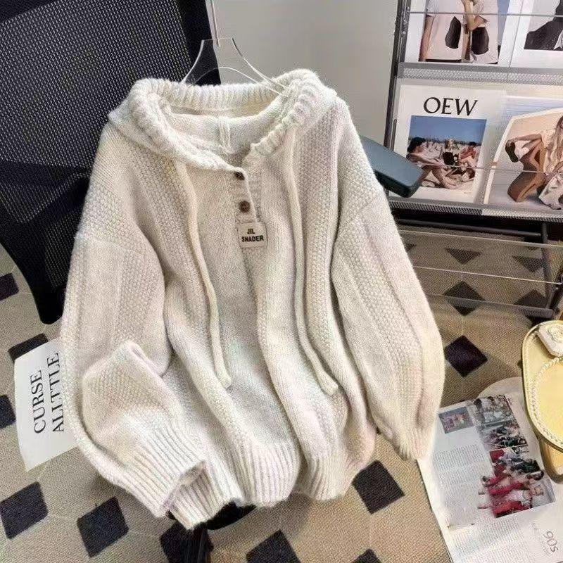 2026 Autumn/Winter Korean Loose Fit Hooded Sweater for Women - Soft, Thickened Knit with Drawstring.