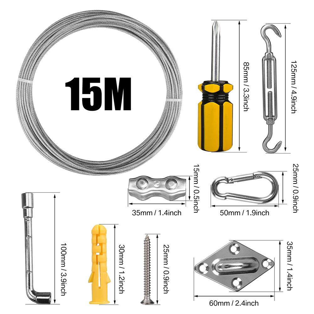 15M Cable Wire 304 Stainless Steel Ropes with Heavy Duty Anti-Rust Hardware Kit for Awning Canopy Wire Clothesline Rustproof Kit