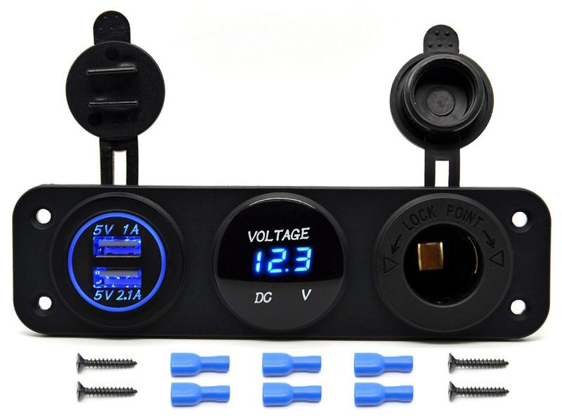 Universal Car Boat Multi Function Panel Angel Eye Dual USB Charger Voltmeter 12V Cigarette Lighter Outlet Socket