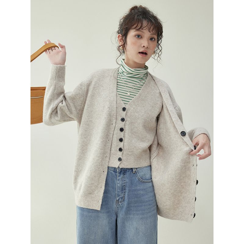 

North Island Amuu Однотонный костюм из двух частей с V-образным вырезом, хлопково-шерстяной вязаный свитер, женское осенне-зимнее поступление, пальто, топ Flower Cafe Outwear S