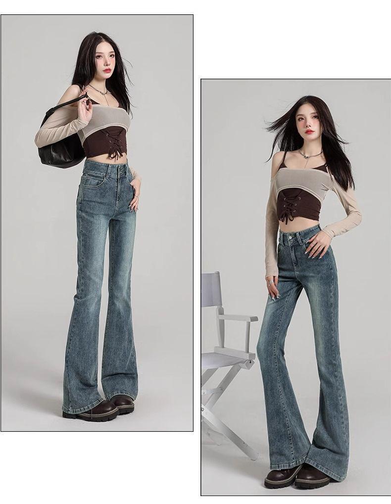 Women's Black-Grey High-Waisted Micro-Flare Jeans, Fleece-Lined, Slimming, Horseshoe Flare, Autumn/Winter 2025 New Arrival, Double-Breasted.