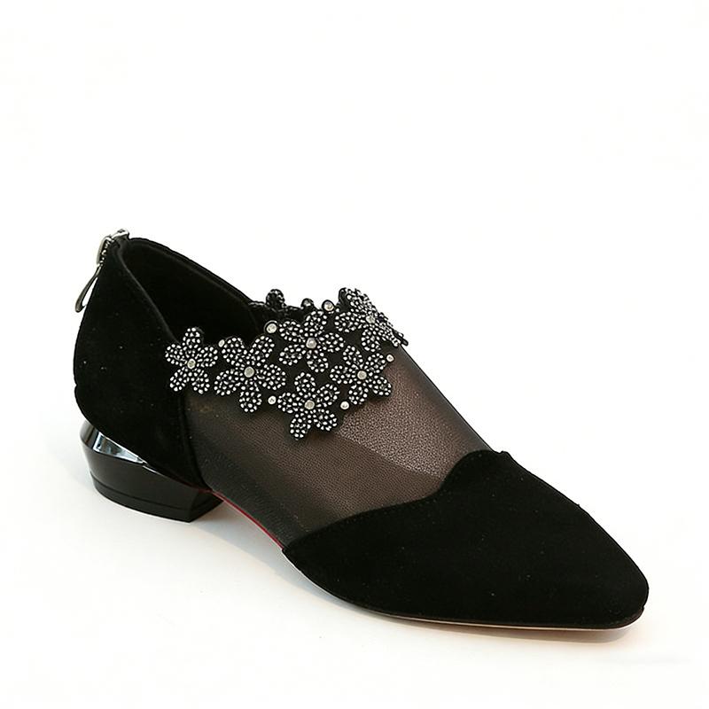 2026 Summer Women's Pointed Toe Low Heel Sandals Black Mesh Rhinestone Fashion Office Ladies Dress Shoes Plus Size 42