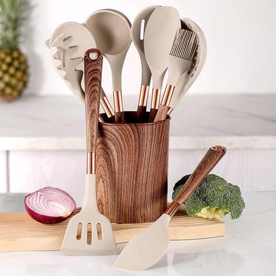 11 PCS Silicone Cooking Kitchen Utensil Set Wooden Handle Kitchen Baking Tools Kitchenware Accessories Storage Bucket