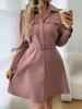 Elegant Women's Puff Sleeve Belted Shirt Dress with Pockets