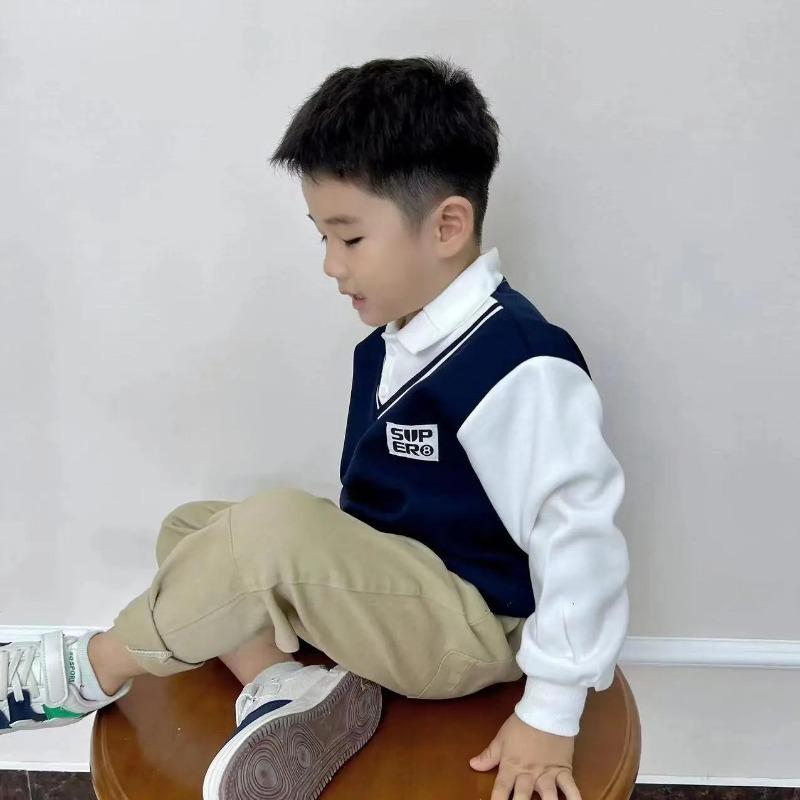 Jarní a podzimní chlapecké svetry, dětské POLO košile, dětské falešné dvoudílné oblečení