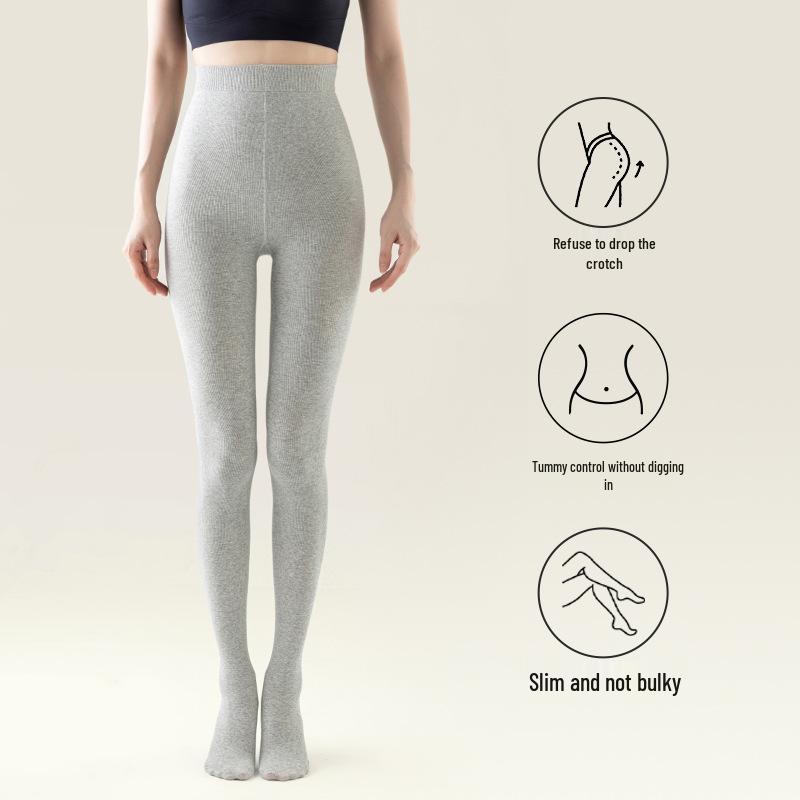 Extra Long Ribbed Dark Grey Leggings for Tall Women - Winter Fleece Lined Cotton Stripes