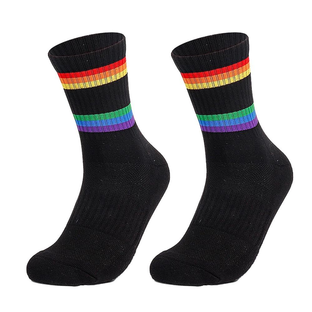 2PCS Cotton Athletic Socks Rainbow Stripe Cotton Tennis Socks Durable Striped Socks Badminton