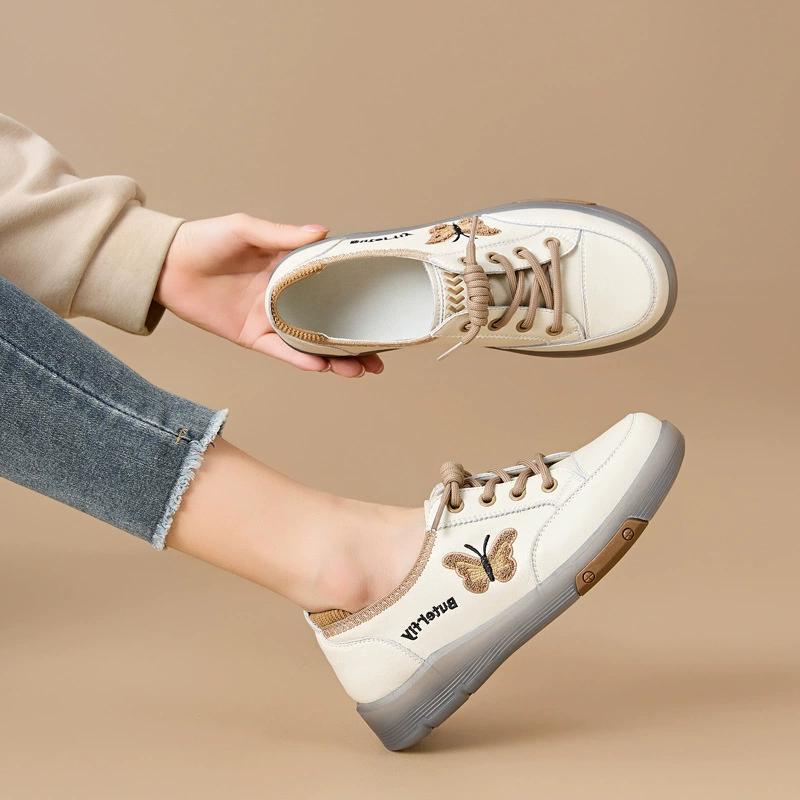 GKTINOO Women Sneakers 2025 Spring New Genuine Leather Loafers Women Casual Soft Soled Lace-up Women's White Shoes Large Size