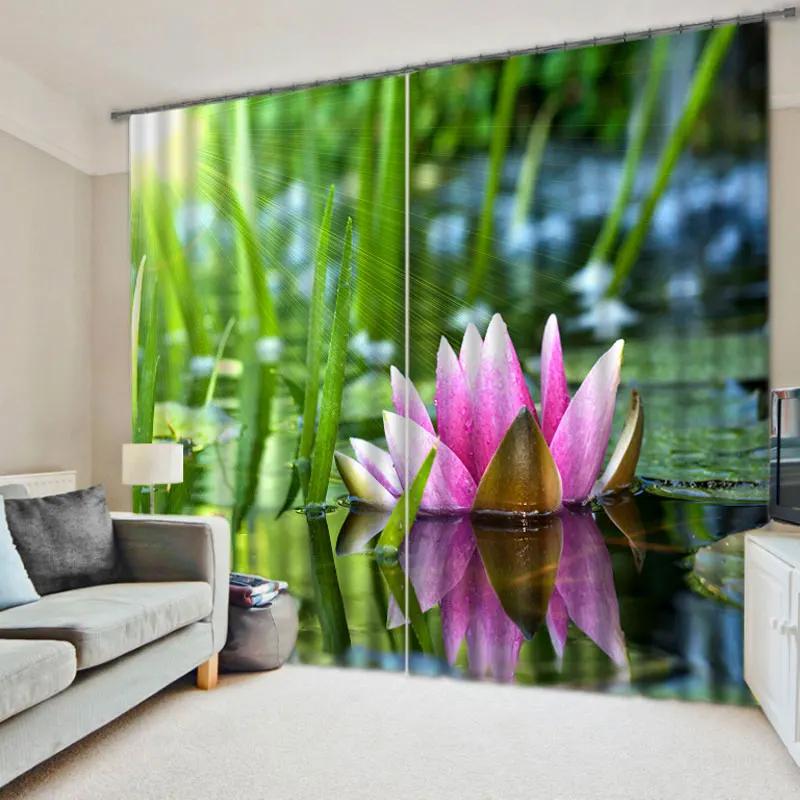 Lotus Green Lotus Flower Printed Curtain for Bedroom Living Room Floor-to-ceiling Window Kitchen Shutters Grommet Top Cortinas