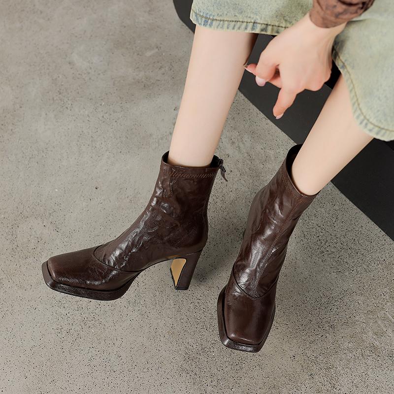 Krazing Pot Sheepskin Winter Square Thick High Heels Chelsea Boots Women Zipper Platform Ankle Boots