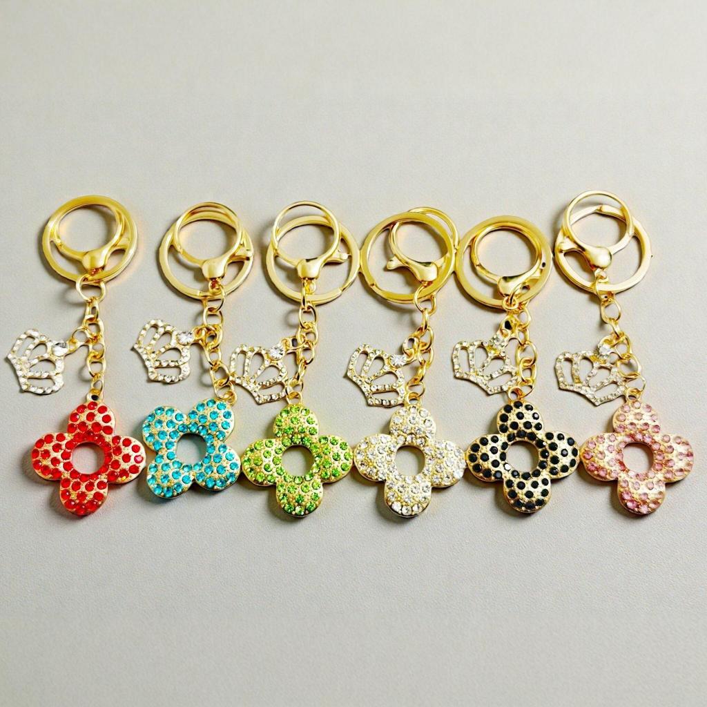 Korean Rhinestone Crown & Flower Keychain – Exquisite Pendant for Bags & Cars