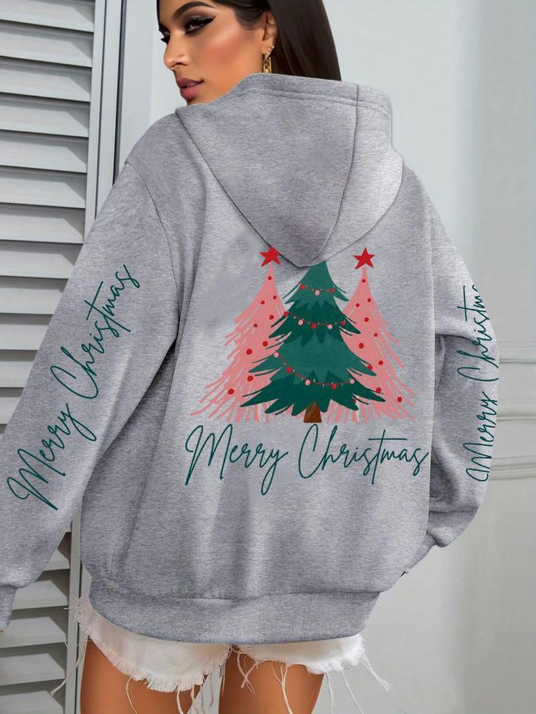 Merry Christmas Tree Print Women's Loose Y2K Hip Hop Hoodie