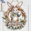 2D flaches Osterhasen-Kranzornament aus Holz mit 'Frohe Ostern'-Schild - Festliche Haus- und Gartendekoration mit Hase, Eiern und floralem Design,