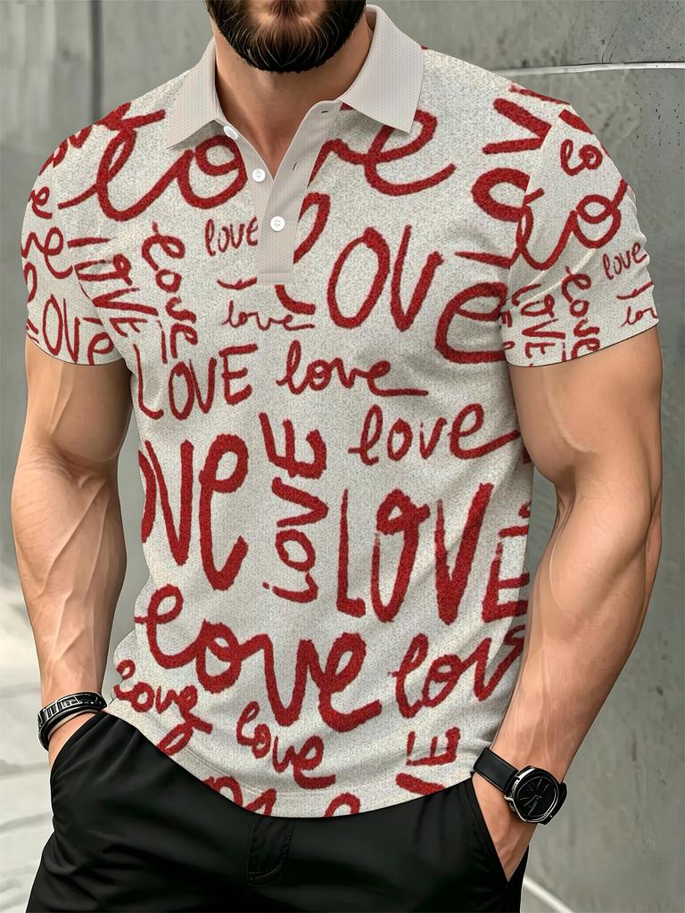 Men's Outdoor Polo Shirt, Available in Multiple Sizes. Features a Beige Base with All-over Red "love" Handwritten Doodle Print, and a Light White