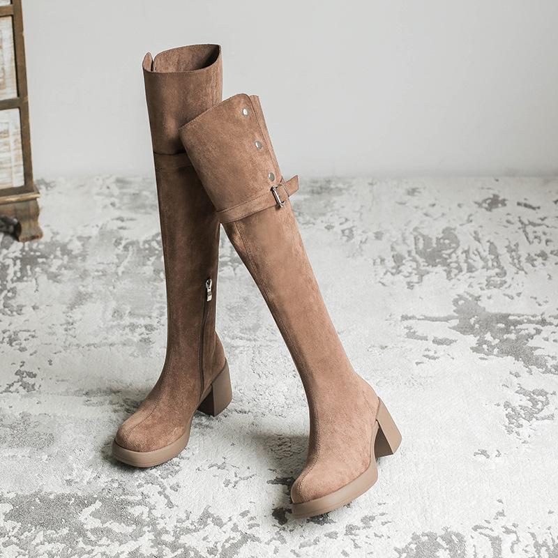 

Узкие ботфорты для женщин, новые зимние кашемировые длинные сапоги, толстый и высокий каблук, и тонкие ботфорты для двоих. 34
