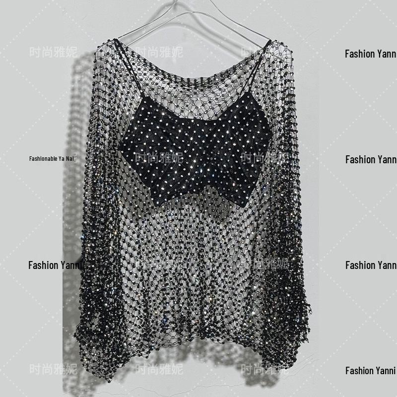 Yanni Rhinestone Mesh Cover-up: Sexy Hot Girl Long Sleeve Bandeau Camisole