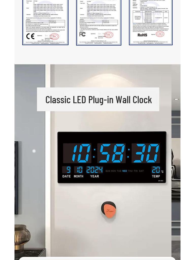 Large LED Wall Clock - English Display with Plug-in Feature for Living Room