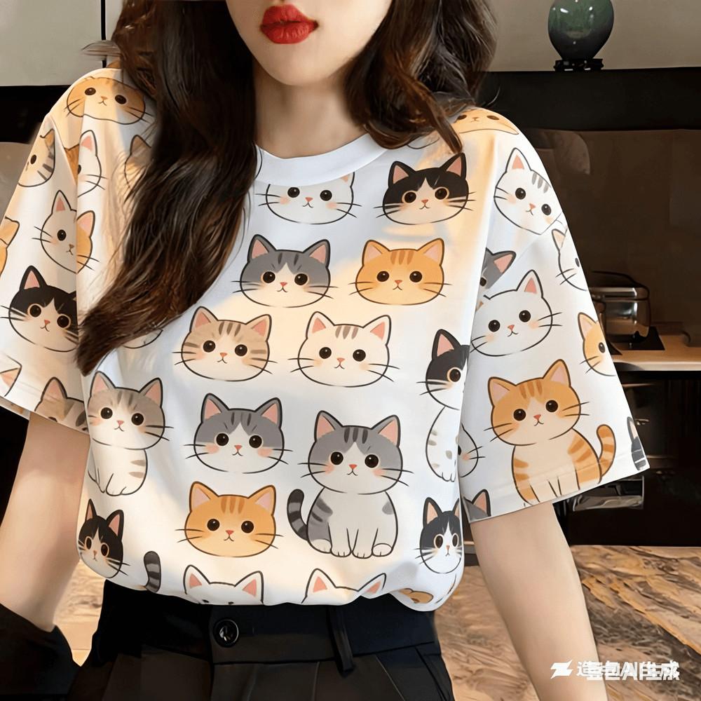 

Casual Printed T-Shirt for Adults - Flower & Cat Design 5XL