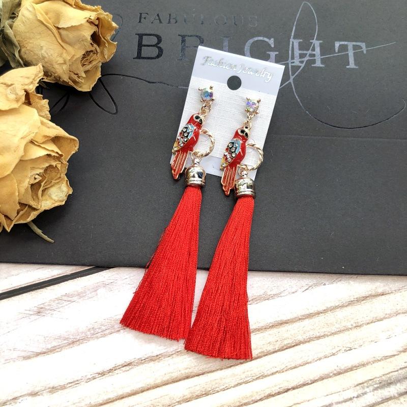 Retro parrot colored diamond fringed long stud earrings femininity versatile ethnic style fashion earrings bridal accessories