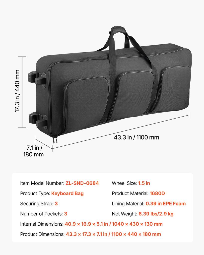 VEVOR 88 Key Keyboard Case, 1040 x 430 x 130 mm Interior, Padded Rolling Piano Case with Wheels, Sturdy Handle, 3-Pocket Storage