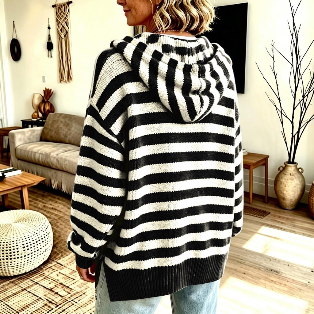 Maglione da donna vintage a righe con cappuccio e mezza zip