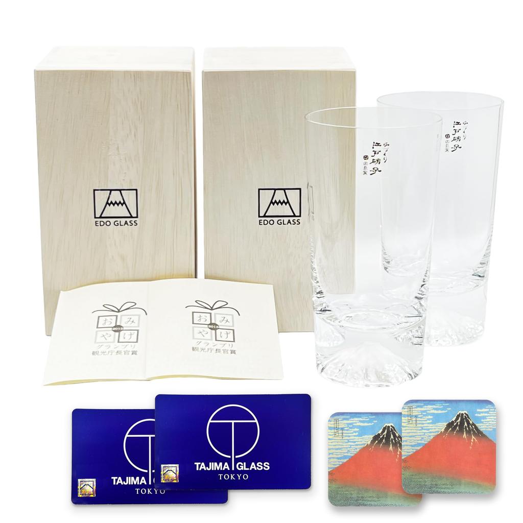 Tajima Glass Fuji Tumbler Made In Authenticity Card Wooden Box Pair of 2 Fuji Paper Coasters [Bonus Set] Mt. Glass, Authentic, Japan, Included,