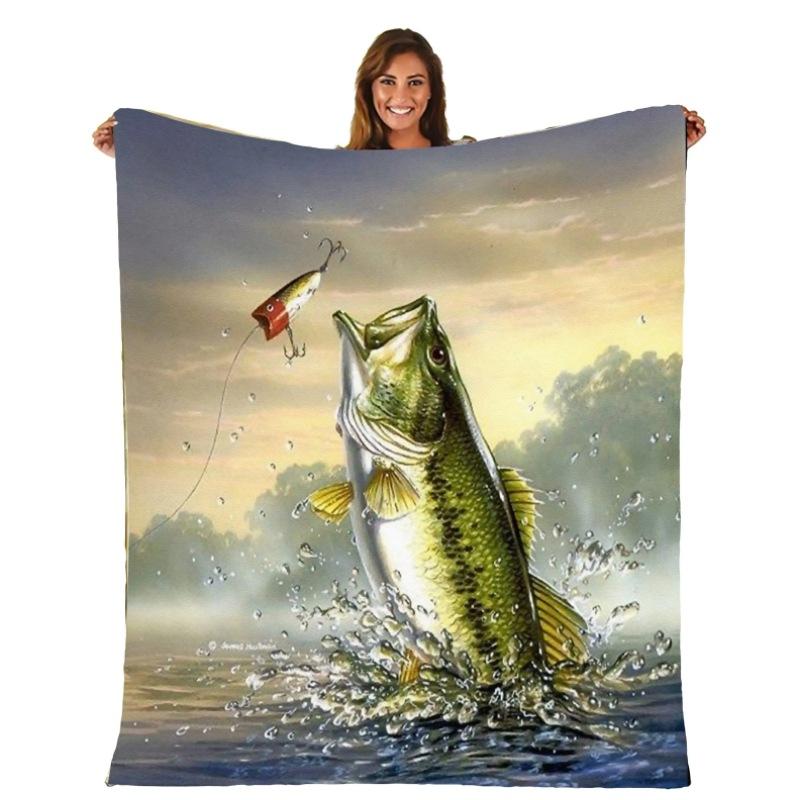 Big Mouth Bass Theme Blanket Washable Sofa Flannel Blanket Beach Blanket Home Office Decorative Blanket