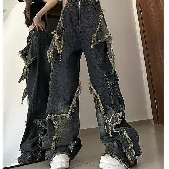 2024 Høy midje Mørk Retro Vide ben Stjernedesign Rå kant Gulvlange Jeans