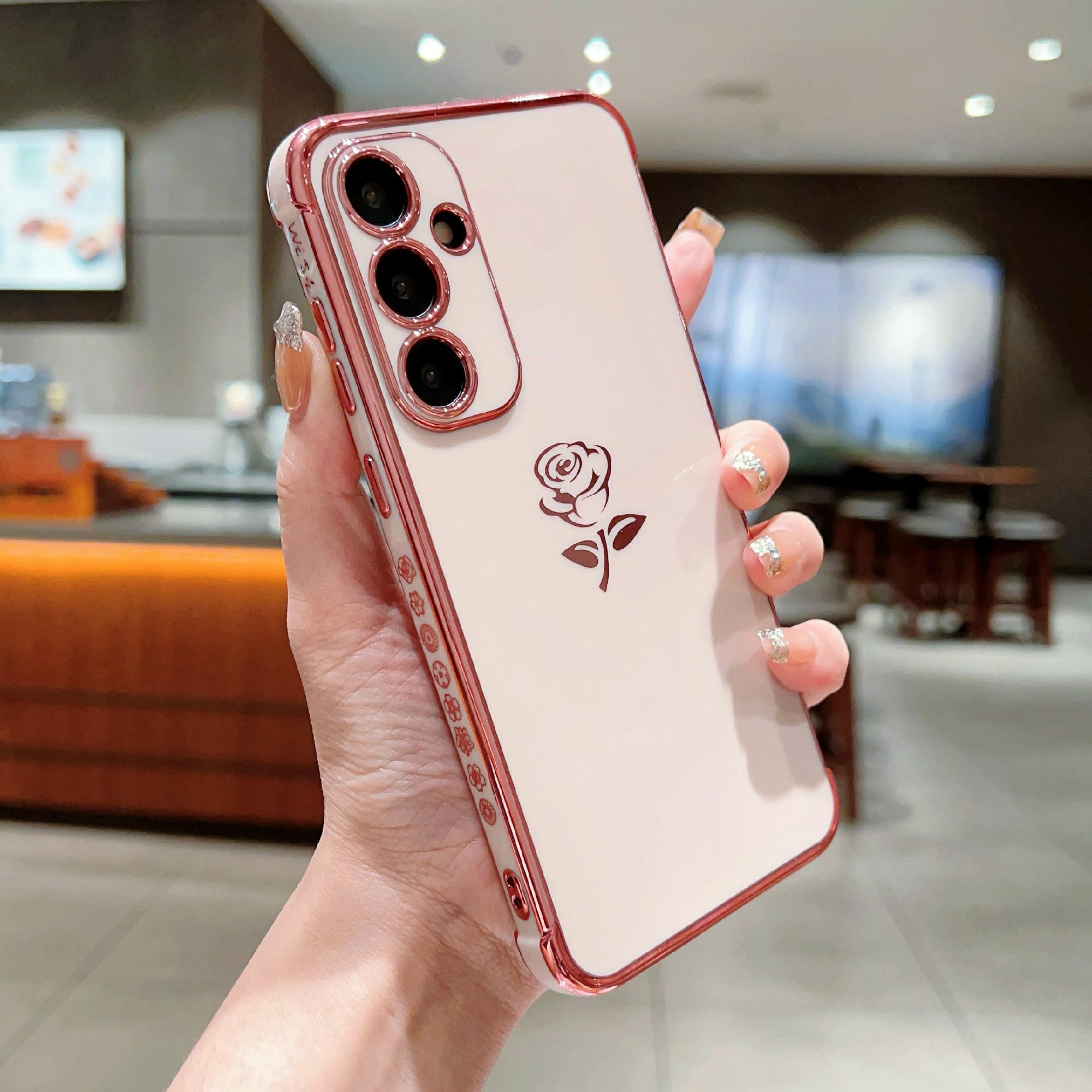 

For Samsung Galaxy A35 5G Case Electroplating Edge Rose Pattern TPU Phone Back Cover Airbag Drop Proof Rose Pink