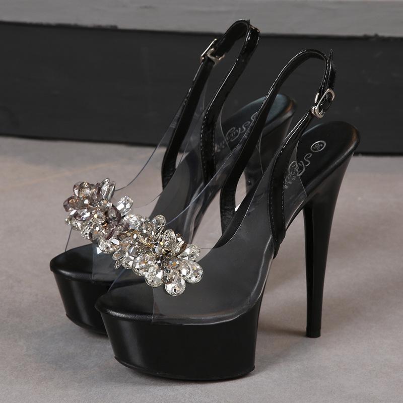 Fashion Rhinestone Fish Mouth Shoes Nightclub Stiletto High Heels 13CM Car Model Sandals Transparent Female Catwalk Steel Pipe
