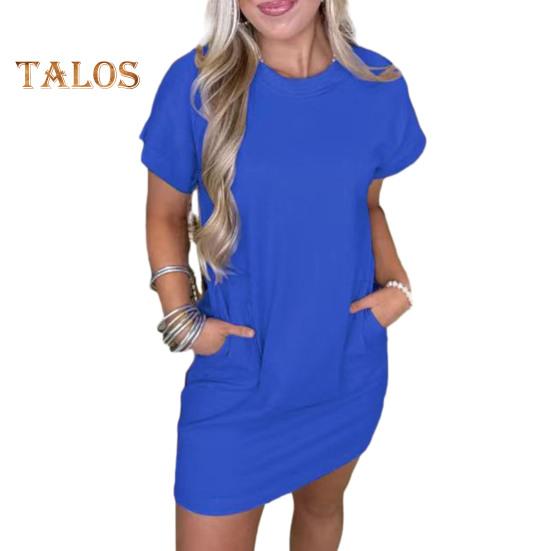 Dámské šaty s krátkým rukávem, ležérní mini šaty s kulatým výstřihem a kapsami, letní mini šaty áčkového střihu