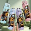 1PC Large Yellow Bulldozer Vehicle Print 750ml Color Plastic Sports Water Bottle Leakproof Flip Straw Lid Suitable for Sports Office Home Use