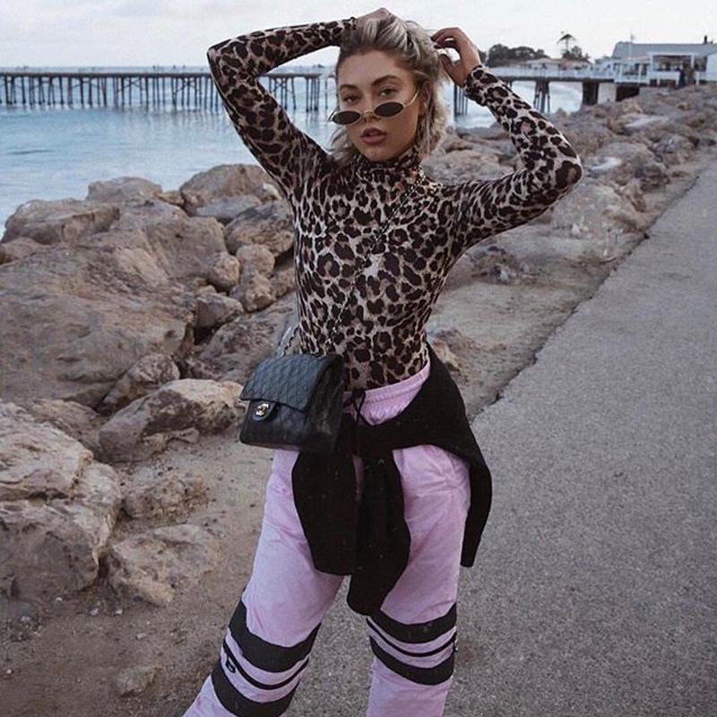 SCIONE Women Tight High Waist Knit Casual Jumpsuit High Collar Long Sleeve Sexy Leopard Jumpsuit