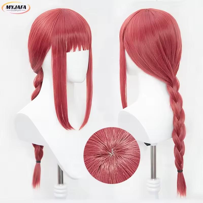 High Quality Makima Cosplay Wig Anime Chainsaw Man Cosplay Long Coral Pink Braided Heat Resistant Hair Role Play Wigs + Wig Cap