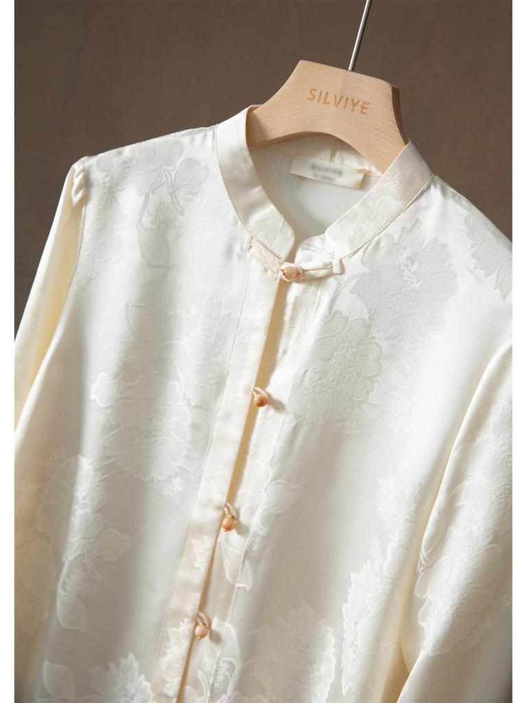 Women's 100% Mulberry Silk Floral Jacquard Shirt with Stand Collar and Frog Button, Long Sleeve Spring Top