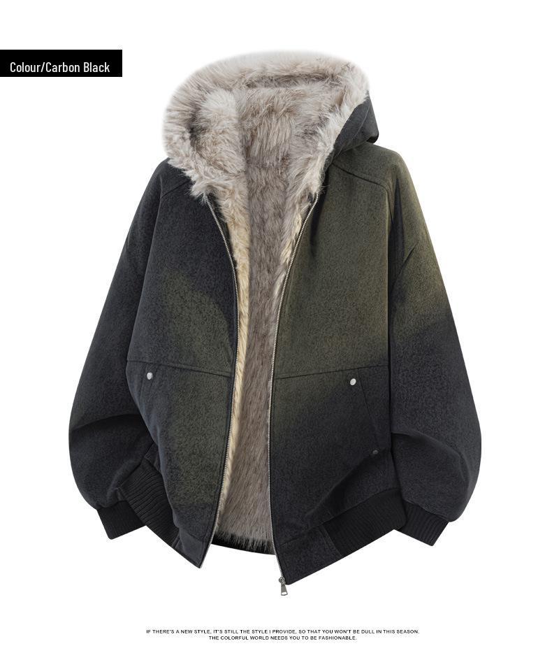 Unisex American Style Mountain Eagle Fur Collar Hooded Winter Coat - Thick Velvet Lined for Warmth and Cold Protection