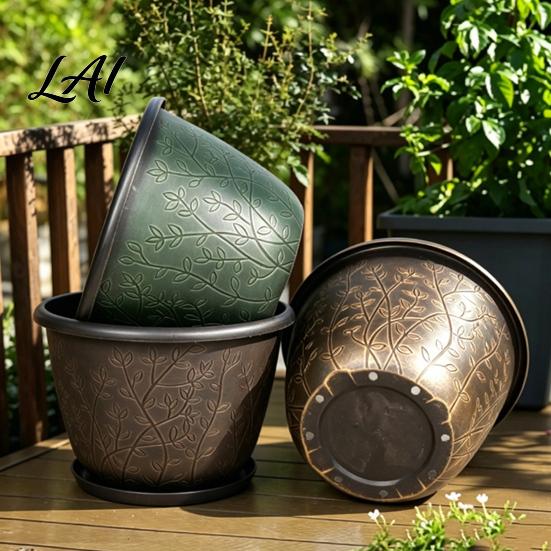 Planter Pots for Home Decor 12 Inch Thickened Flower Outdoor Indoor Plastic Leaf-Pattern Texture Deep Containers Flowers with Drainage Hole & Saucer,