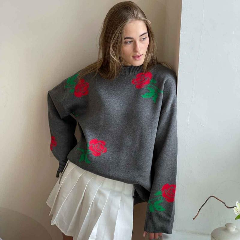 Herbst Rundhals Rose Print Gestrickte Pullover Frauen Winter Neue Mode Lose Pullover Pullover Weibliche Vintage Elegante Warme Casual Strickwaren Tops 24647