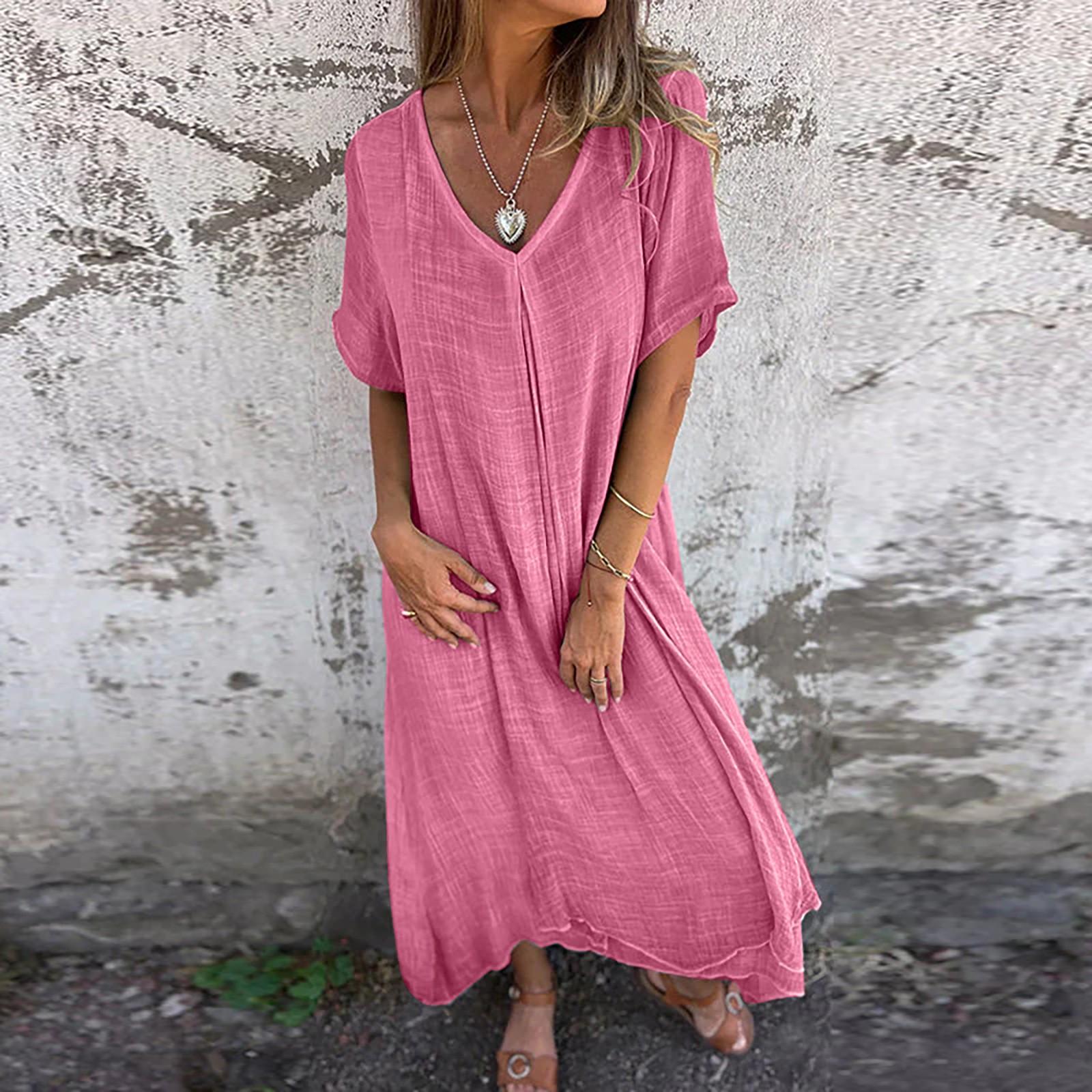

Женское летнее сплошное цветное повседневное модное платье миди из хлопка и льна с v-образным вырезом XXL розовый