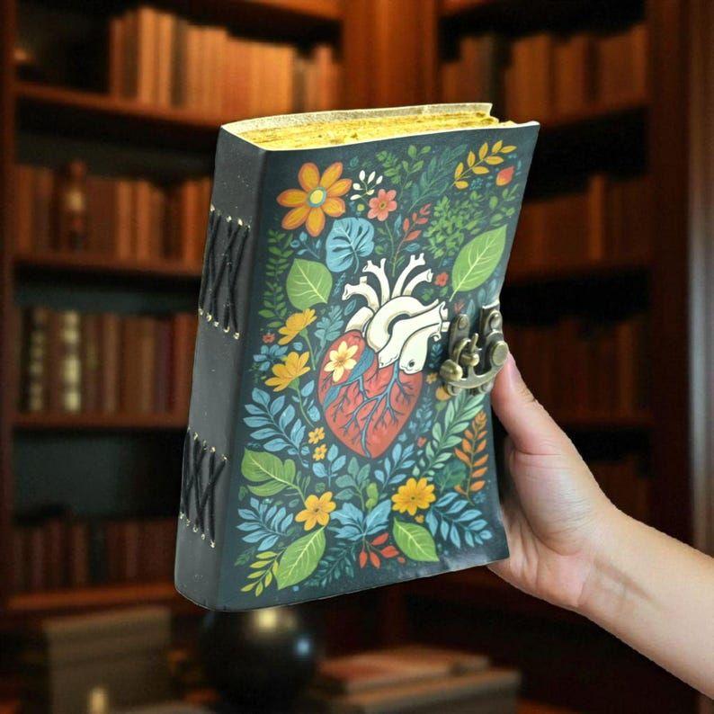 Anatomical Heart Leather Journal with Lock: Witchy Floral Notebook