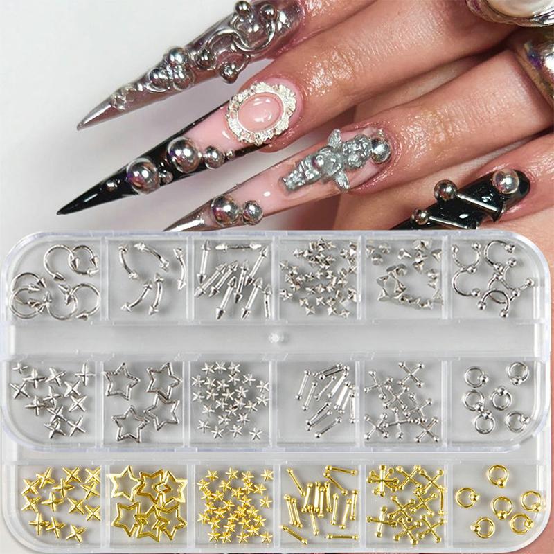 12 Grids Gothic Punk Retro Metal Nail Jewellery 3D Gold Silver Nail Rhinestone Accessories DIY Glamour Nail Decoration