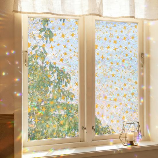 Window Privacy Film, Stained Glass Pattern Decorative Window Sticker, Rainbow Static Cling, Sun Blocking Reusable Decals for Glass Doors, Bedroom