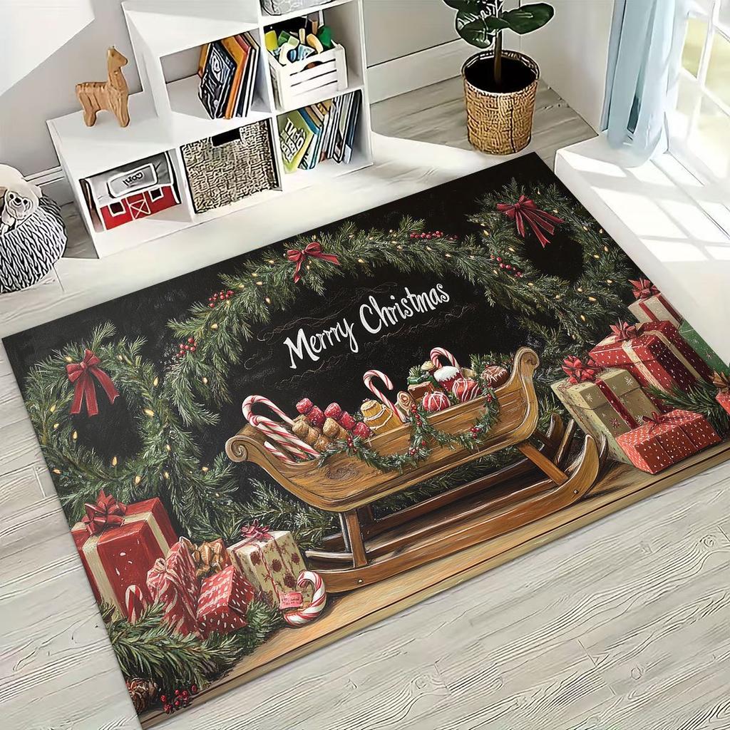 2026 New Merry Christmas Tree Santa Claus New Year Cartoon Carpet Rug for Bedroom Living Room Sofa Home Doormat Decor,Non-slip