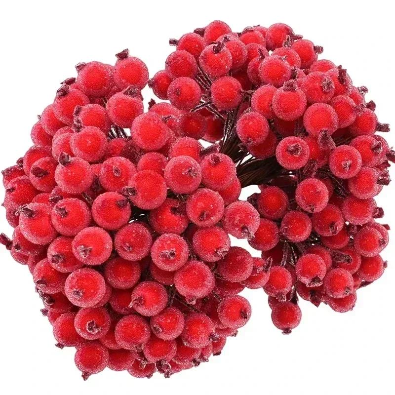 Mini Artificial Frosted Berry Stamen Christmas Double Head Holly Berries Fake Flowers Bouquets DIY Wreath Xmas Party Decoration