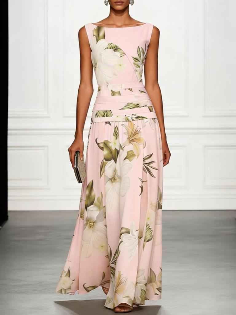 European and American summer 2026 sexy v-neck retro flower print women's dress sleeveless backless waist dress