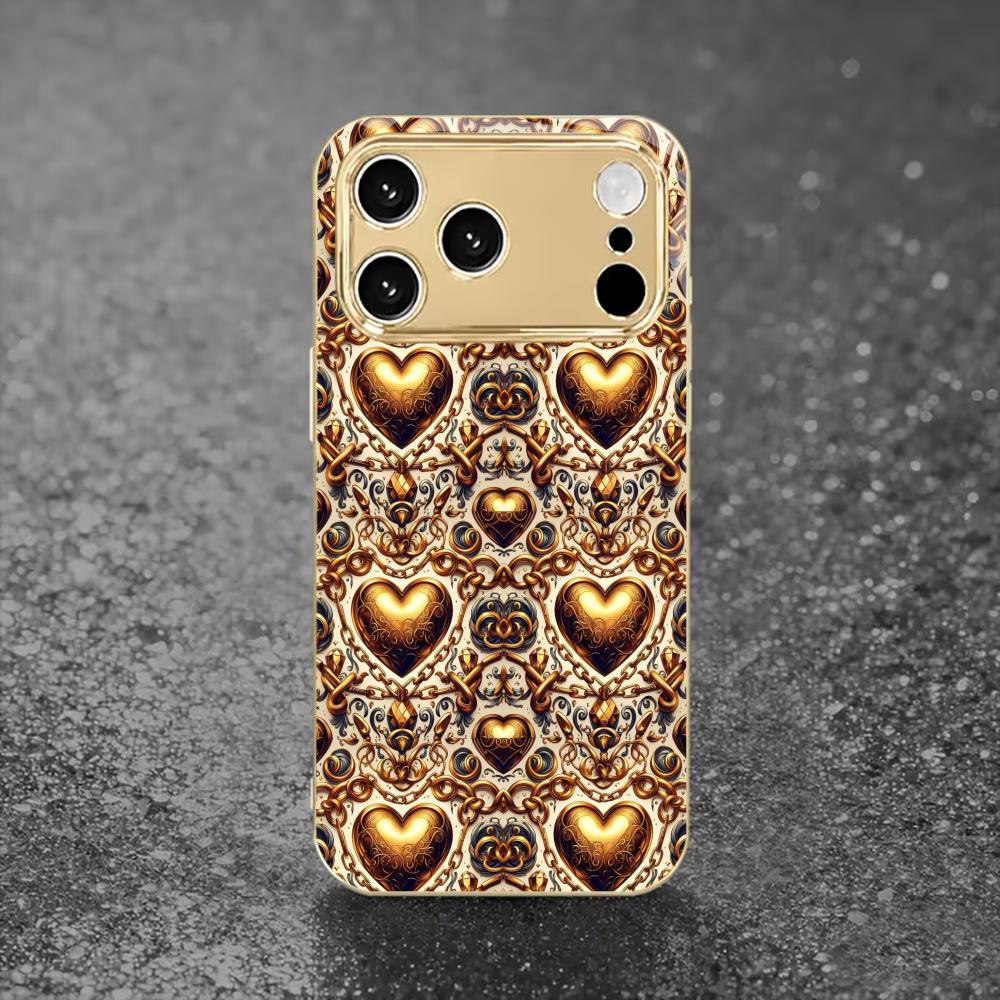 Gold Heart Pattern Prin fashion phone cases phone case fundas carcasa Glass Phone Case for iPhone 17 16 15 14 13 12pm Pro Plus