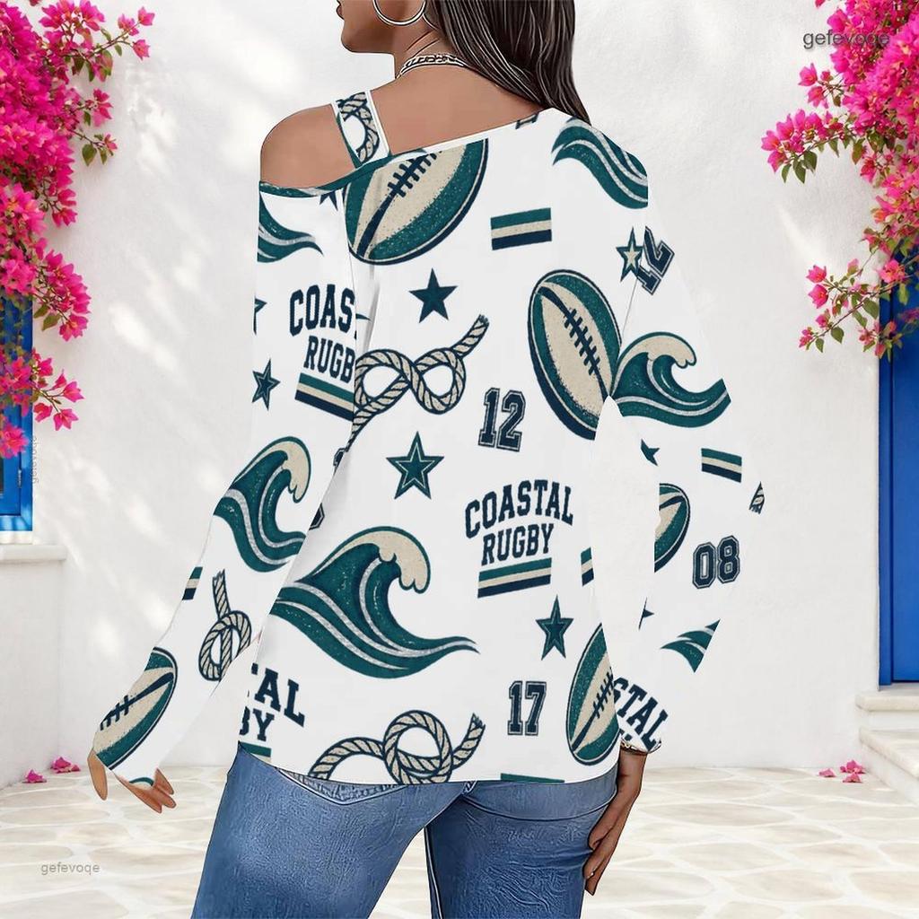 Women Plus Size White Asymmetric Cutout Neck Cold Shoulder Long Sleeve Sailboat Printed Top