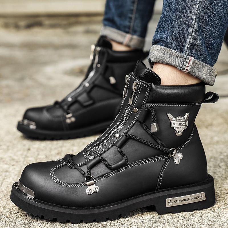 Martin boots fashionable men's high-top locomotive boots multi-zipper metal element non-slip and wear-resistant men Martin