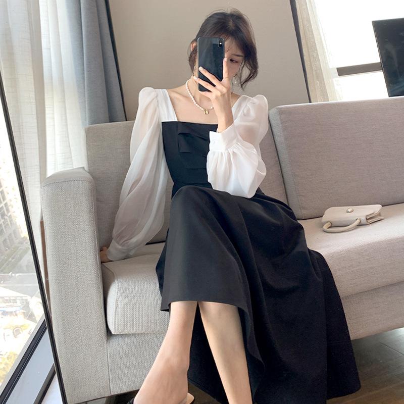 Abiti da Donna Moda Manica Lunga Nero Vintage Stile Francese Primavera Autunno Collo Quadrato Allacciatura